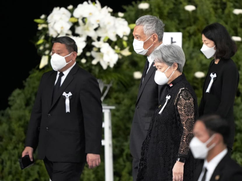 Prime Minister Lee Hsien Loong and his wife Ho Ching (centre) at the state funeral of former Japanese premier Shinzo Abe in Tokyo on Sept 27, 2022. Prime Minister Lee Hsien Loong and his wife Ho Ching (centre) at the state funeral of former Japanese premier Shinzo Abe in Tokyo on Sept 27, 2022.
