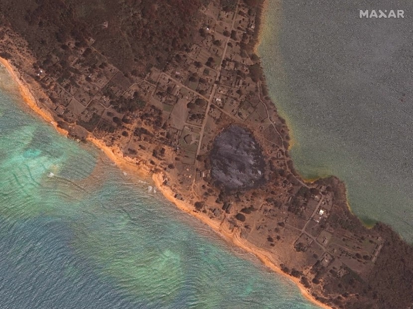This satellite image released by Maxar Technologies on January 22, 2022 and taken on January 20, 2022 shows a closeup of damaged homes located on Nomuka Island in Tonga, following the eruption of the Hunga Tonga-Hunga Ha’apai volcano. This satellite image released by Maxar Technologies on January 22, 2022 and taken on January 20, 2022 shows a closeup of damaged homes located on Nomuka Island in Tonga, following the eruption of the Hunga Tonga-Hunga Ha’apai volcano.
