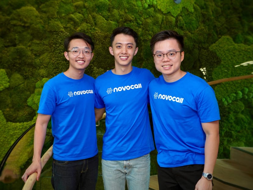 Novocall founder Huang Jing Jie (left) with co-founders Amos Choo (centre) and Jionghan Ng. Novocall founder Huang Jing Jie (left) with co-founders Amos Choo (centre) and Jionghan Ng.