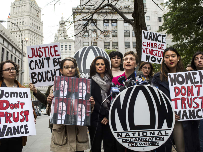 Jane Manning, director of advocacy at the National Organization for Women New York, at a rally and news conference protesting the Manhattan district attorney’s office’s decision not to prosecute Harvey Weinstein in a 2015 sexual assault case. Photo: The New York Times