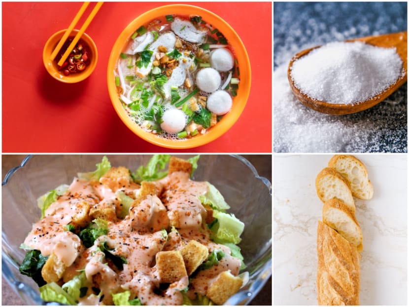 Fishball noodle soup, a salad with croutons, cheese and thousand island dressing, and even a baguette have a considerable amount of salt in them. Fishball noodle soup, a salad with croutons, cheese and thousand island dressing, and even a baguette have a considerable amount of salt in them.