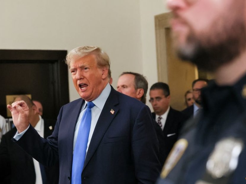 Former US President Donald Trump speaks at a Manhattan courthouse, where he attends the trial of himself, his adult sons, the Trump Organization and others in a civil fraud case brought by state Attorney General Letitia James, in New York City, US, on Oct 2, 2023.