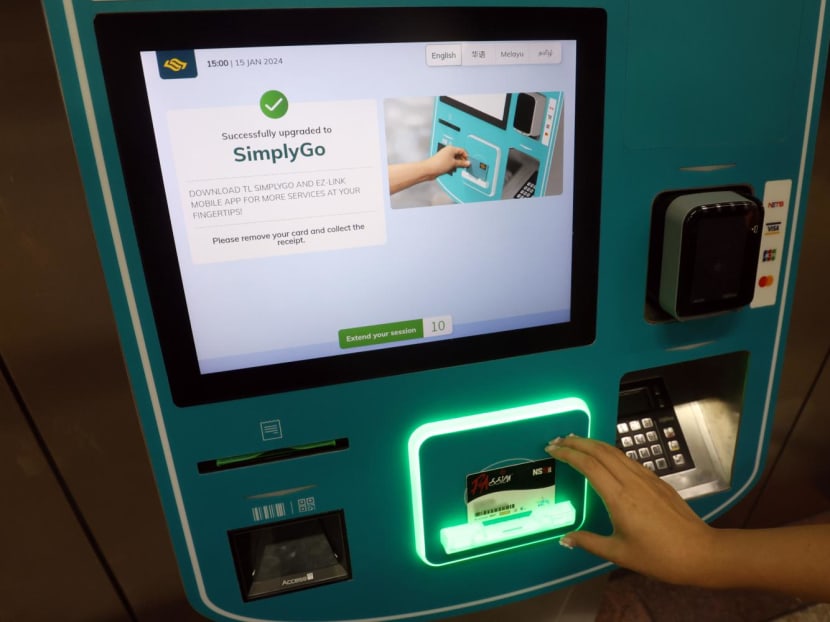 A successful upgrade of an Ez-link adult card to a SimplyGo Ez-link card at a ticketing machine in City Hall on Jan 15, 2024. A successful upgrade of an Ez-link adult card to a SimplyGo Ez-link card at a ticketing machine in City Hall on Jan 15, 2024.