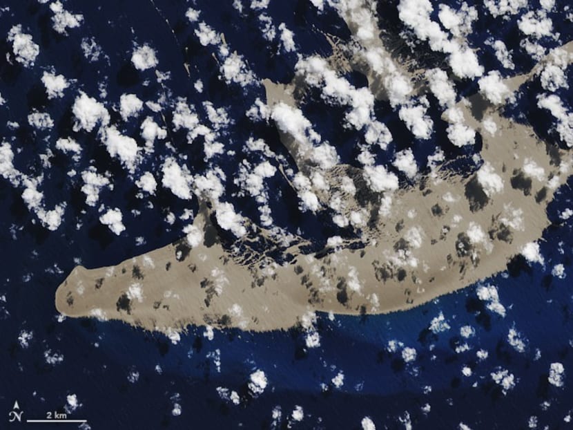 A satellite image captured by American space agency Nasa on Aug 13, 2019, showing a portion of a pumice raft as it drifted near Tonga in the South Pacific Ocean. A satellite image captured by American space agency Nasa on Aug 13, 2019, showing a portion of a pumice raft as it drifted near Tonga in the South Pacific Ocean.