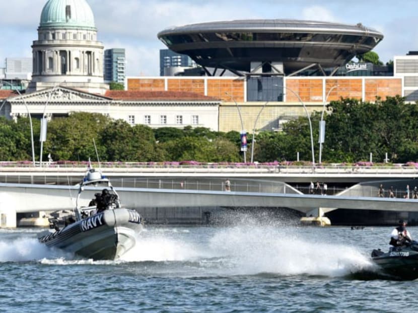 <p>A Republic of Singapore naval boat chases an "intruder" on a jet ski in a preview for a Total Defence Display for the 2022 National Day Parade.</p>
<p>A Republic of Singapore naval boat chases an "intruder" on a jet ski in a preview for a Total Defence Display for the 2022 National Day Parade.</p>
