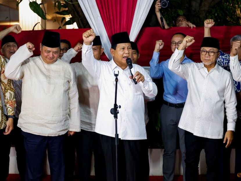 Indonesia's front-runner presidential candidate and Defence Minister Prabowo Subianto, along with his coalition members, gesture as he delivers his speech after the country's election commission announced last month's presidential election result, in Jakarta, Indonesia, on March 20, 2024. Indonesia's front-runner presidential candidate and Defence Minister Prabowo Subianto, along with his coalition members, gesture as he delivers his speech after the country's election commission announced last month's presidential election result, in Jakarta, Indonesia, on March 20, 2024.
