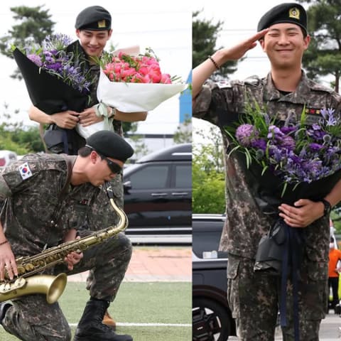 BTS成员RM和V难得同台演奏萨克斯风，感恩退伍之际