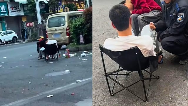 谁都不想先买单 中国两男路边装睡到早晨