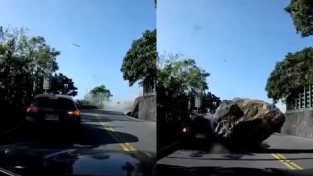 花莲地震生死一瞬间！ 司机急速倒车躲山崩