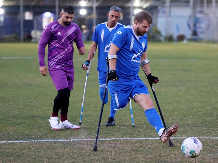 Ben Binyamin attends a training session for the Israel Amputee Football team in the Israeli town of Ramat Gan near Tel Aviv on March 28, 2024.