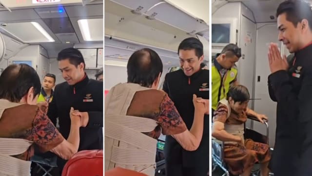 耐心牵老妇双手下飞机  网夸亚航空少暖心 