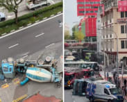 Cement truck overturns in Chinatown; driver taken to hospital