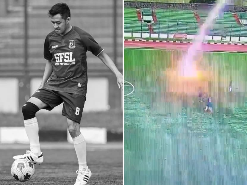 Indonesian footballer Septian Raharja, 35, tragically died after being struck by lightning during a friendly match. Indonesian footballer Septian Raharja, 35, tragically died after being struck by lightning during a friendly match.
