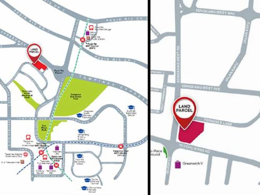 (From left) The executive condominium sites at Tampines Street 62 and Fernvale Lane.