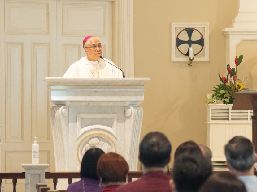 Archbishop William Goh (pictured) addressing a congregation at the Cathedral of the Good Shepherd in January 2022.