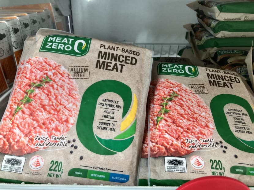 Stocks of plant-based meat at a supermarket. Some of such products are marked “allium free” to indicate to vegetarians who do not eat alliums such as onions, garlics, shallots and chives. Flexitarians refer to people who eat primarily plant-based food but occasionally eat meat.
