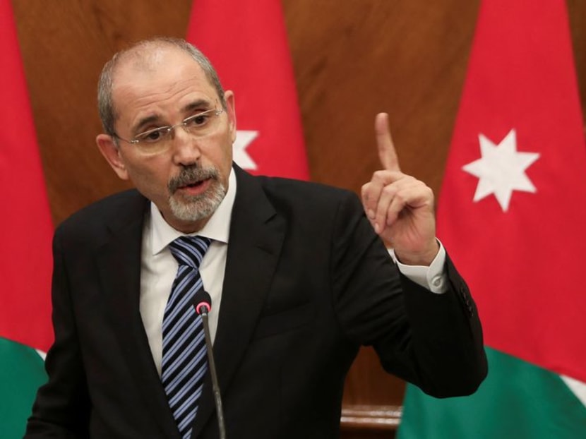 Jordan's Foreign Minister Ayman Safadi speaks during a news conference with German Foreign Minister Annalena Baerbock following a meeting, in Amman, Jordan October 19, 2023. REUTERS/Alaa Al Sukhni