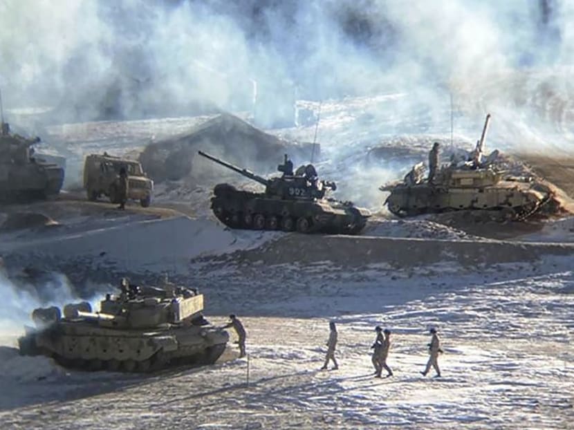 This undated photograph released by the Indian Army on Feb 16, 2021 shows People Liberation Army soldiers and tanks during military disengagement along the Line of Actual Control at the India-China border in Ladakh.