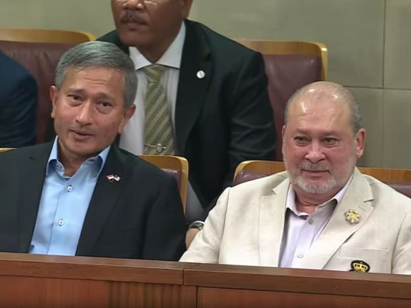 King of Malaysia, Sultan Ibrahim Iskandar (right), accompanied by Minister for Foreign Affairs Vivian Balakrishnan at Singapore's parliament on May 7, 2024. King of Malaysia, Sultan Ibrahim Iskandar (right), accompanied by Minister for Foreign Affairs Vivian Balakrishnan at Singapore's parliament on May 7, 2024.