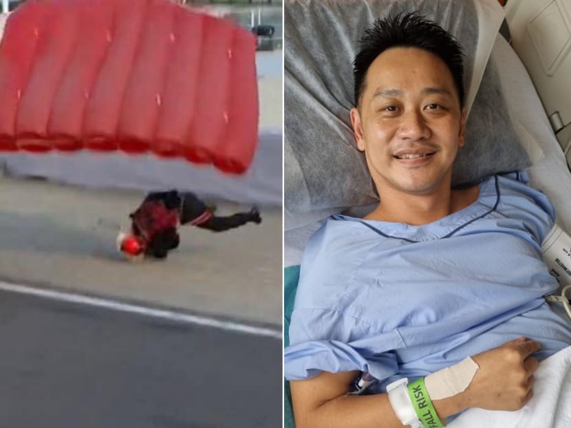 Third Warrant Officer Jeffrey Heng (pictured right) is recovering in hospital after a bad landing (left) during the National Day Parade on Aug 9, 2022. Third Warrant Officer Jeffrey Heng (pictured right) is recovering in hospital after a bad landing (left) during the National Day Parade on Aug 9, 2022.