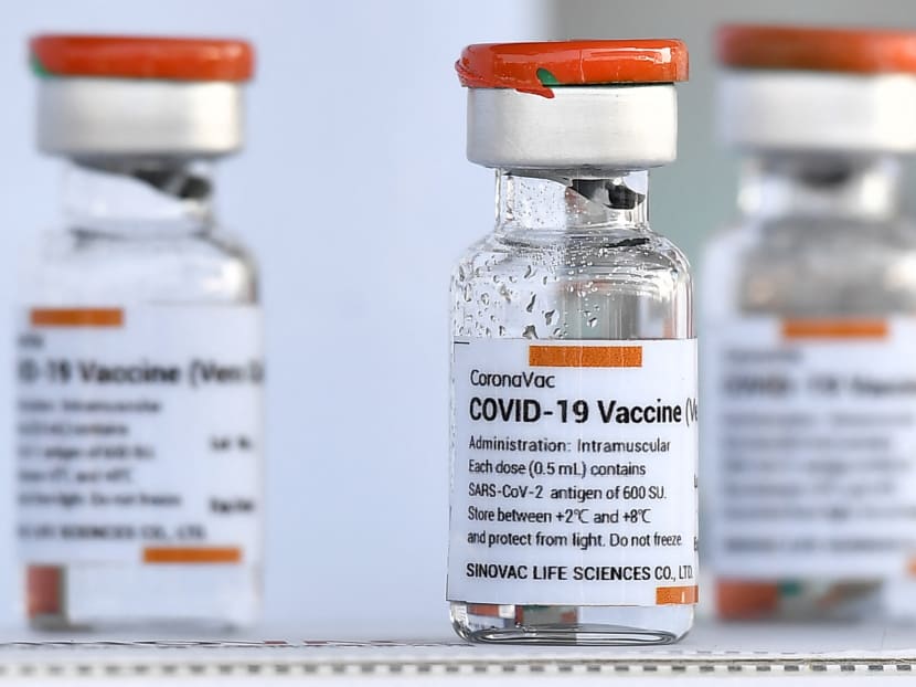 Vials of the CoronaVac vaccine, developed by China's Sinovac, are displayed in Bangkok on Feb 24, 2021. Vials of the CoronaVac vaccine, developed by China's Sinovac, are displayed in Bangkok on Feb 24, 2021.