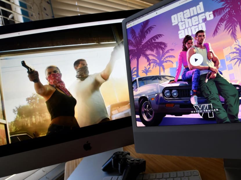 This illustration photo created in Los Angeles, California, on Dec 5, 2023, shows Rockstar Games’ Grand Theft Auto 6 trailer played on computer screens. 