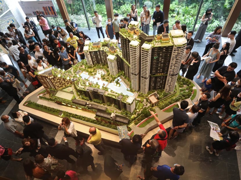 A file photo of visitors thronging the sales showroom of The Reserve Residences condominium development in May 2023. A file photo of visitors thronging the sales showroom of The Reserve Residences condominium development in May 2023.