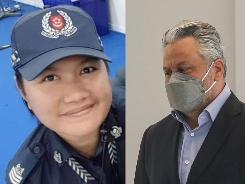 Police officer Salinah Mohamed (left) pictured in a Facebook post, and Andrew Charles Vasko at the State Courts on Oct 18, 2022.