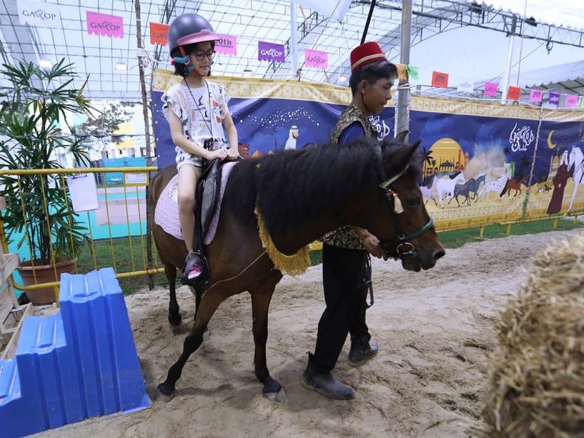A child riding a pony at the Geylang Serai Ramadan bazaar on March 26, 2023. A child riding a pony at the Geylang Serai Ramadan bazaar on March 26, 2023.