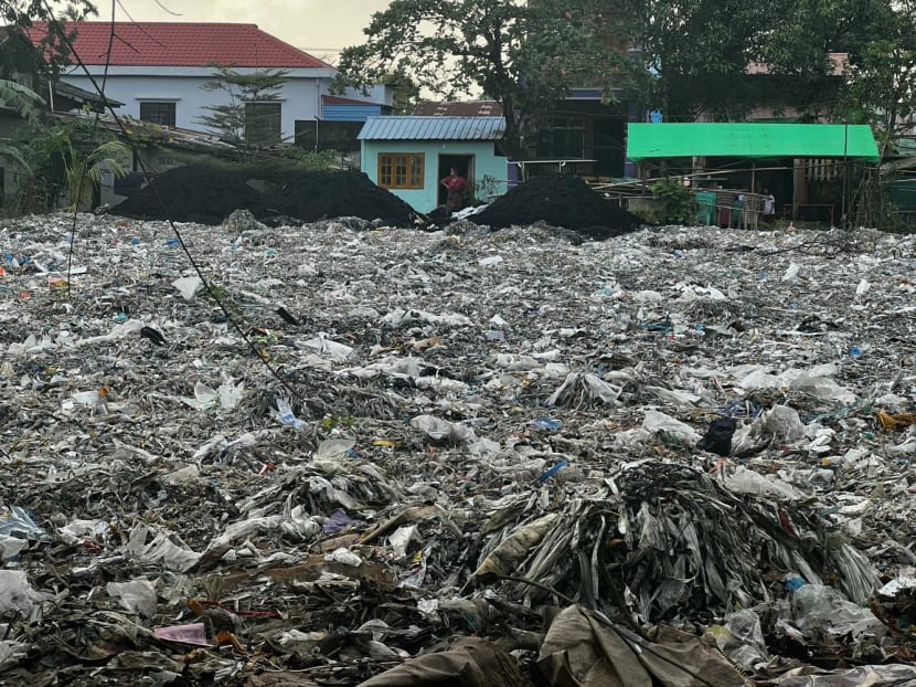 This photo taken on Oct 11, 2023 shows plastic waste in Yangon’s Shwepyithar township. 