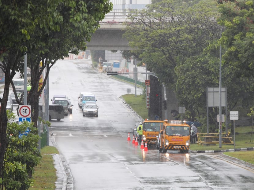 Tow trucks at the junction of Tampines Ave 10 and Pasir Ris Drive 12 after a flash flood on Aug 20, 2021. Tow trucks at the junction of Tampines Ave 10 and Pasir Ris Drive 12 after a flash flood on Aug 20, 2021.