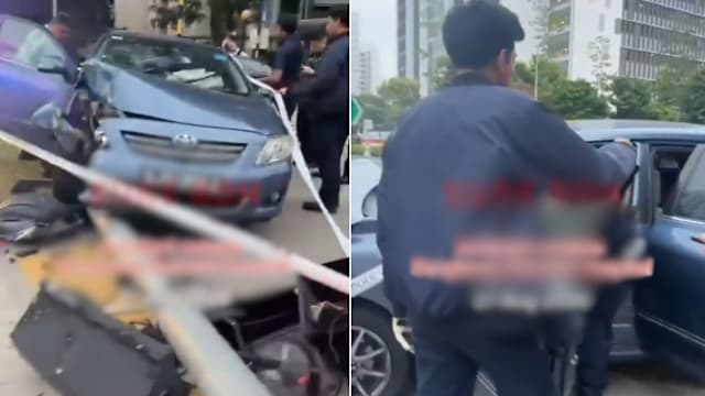 盛港轿车失控撞断交通灯  司机疑似撞后逃遭警追查