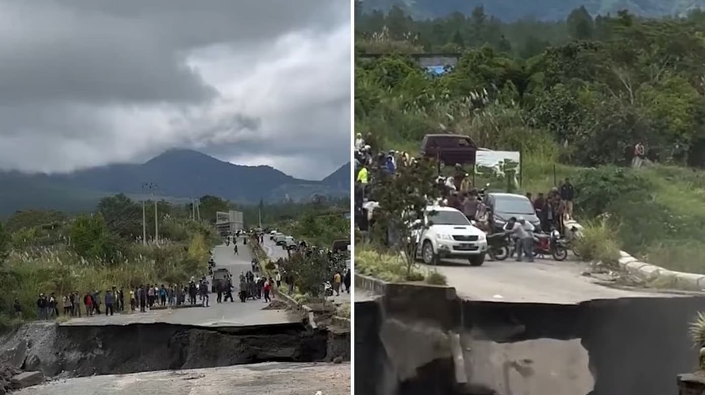 暴雨冲击地基 印尼大道数十秒内塌成20米深坑