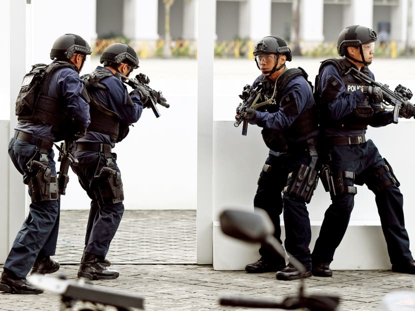 The Emergency Response Team in action during a demonstration at the Police workplan seminar on April 29, 2016. Photo: Singapore Police Force