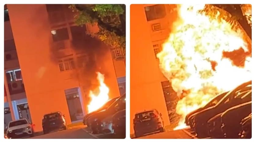 Motorcycle bursts into flames at Bishan car park Motorcycle bursts into flames at Bishan car park