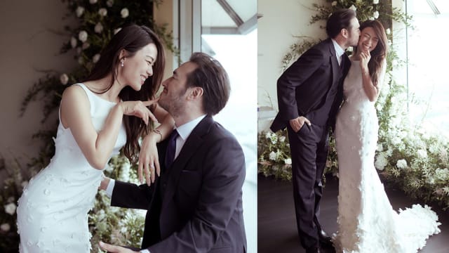 林慧玲晒婚纱照　与老公甜蜜亲亲！