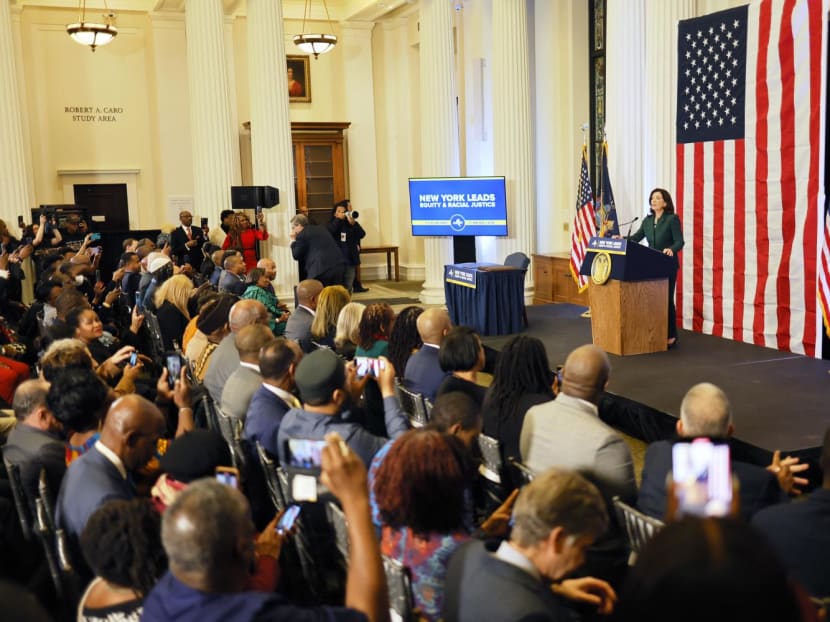 New York Governor Kathy Hochul speaks during a press conference and signing of legislation creating a commission for the study of reparations in New York on Dec 19, 2023 in New York City. 