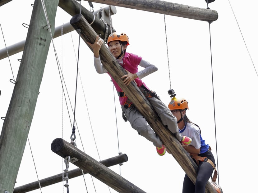 Minister for Culture, Community and Youth Grace Fu, who is also the Chairperson for the National Youth Council, climbing the Inverse Tower at Outward Bound Singapore on March 30, 2016. Photo: Wee Teck Hian Minister for Culture, Community and Youth Grace Fu, who is also the Chairperson for the National Youth Council, climbing the Inverse Tower at Outward Bound Singapore on March 30, 2016. Photo: Wee Teck Hian