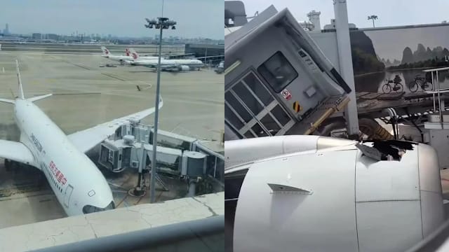 中国东航班机落地后撞廊桥 机上旅客安全下机