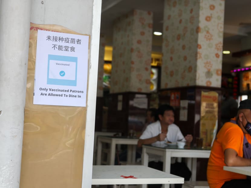 Coffee shops and hawker centres must put up posters informing patrons that only fully vaccinated customers are allowed to have their meals there. Coffee shops and hawker centres must put up posters informing patrons that only fully vaccinated customers are allowed to have their meals there.