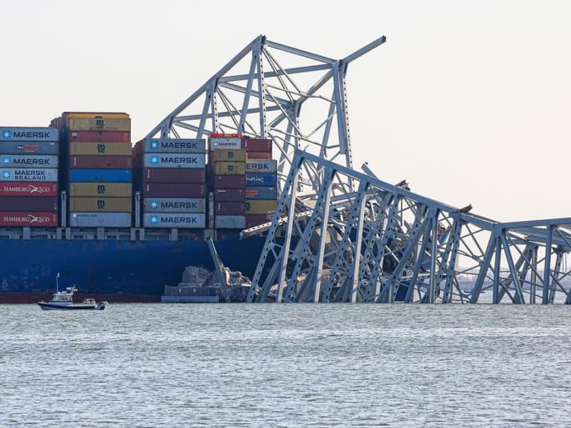 Wreckage lies across the deck of the Dali cargo vessel, which crashed into the Francis Scott Key Bridge causing it to collapse, in Baltimore, Maryland, US, on March 29, 2024. 