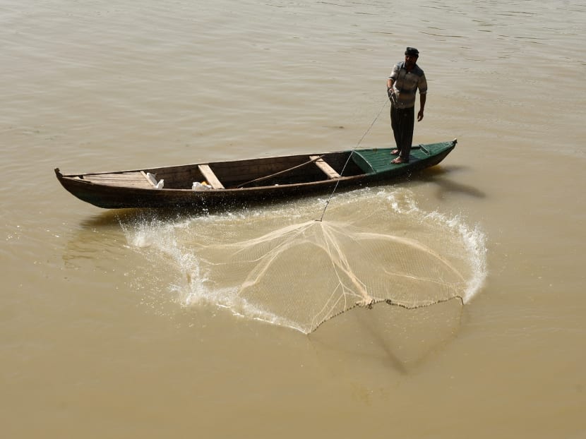 A fisheman throws his net in the Euphrates river, in Iraq's Shatrah district of the southern Dhi Qar province, on June 4, 2020.