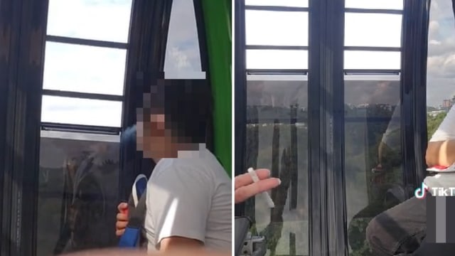 两青年缆车上抽烟自拍 花柏山休闲集团：已报警 
