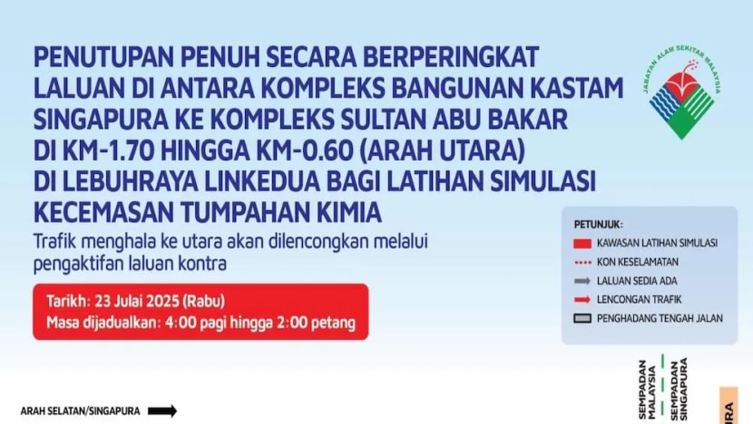Penutupan laluan arah utara di Linkedua antara Malaysia-SG pada 23 Jul