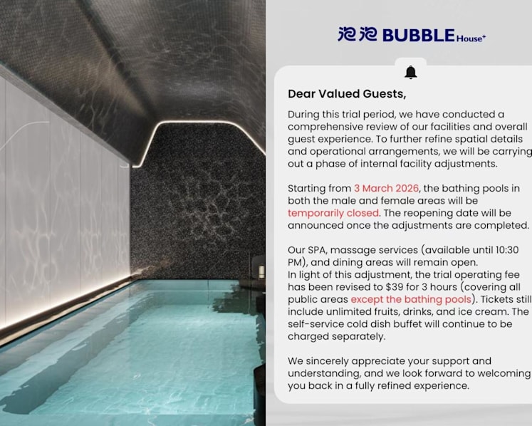 Spa operator House+ Bubble announces temporary closure of bathing pools as part of 'internal facility adjustments'