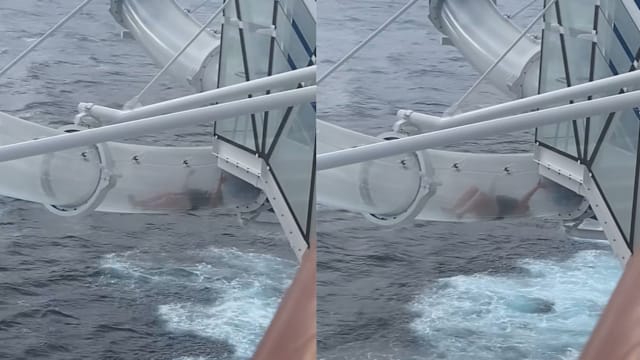 女游客卡游轮滑水道 海浪底下咆哮画面惊心