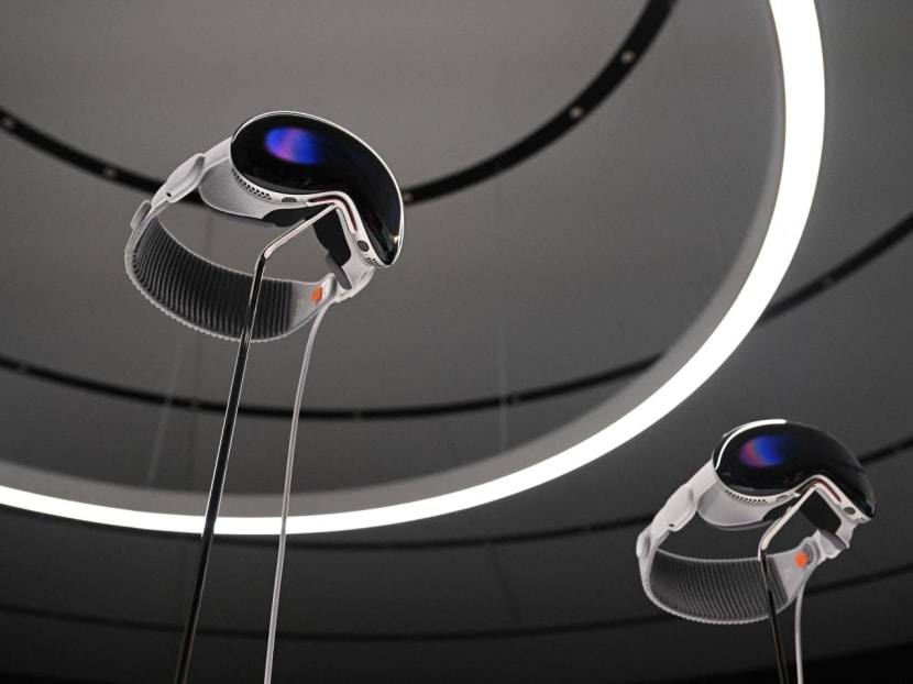 Apple's new Vision Pro virtual reality headset is displayed during Apple’s Worldwide Developers Conference at the Apple Park campus in Cupertino, California, on June 5, 2023.