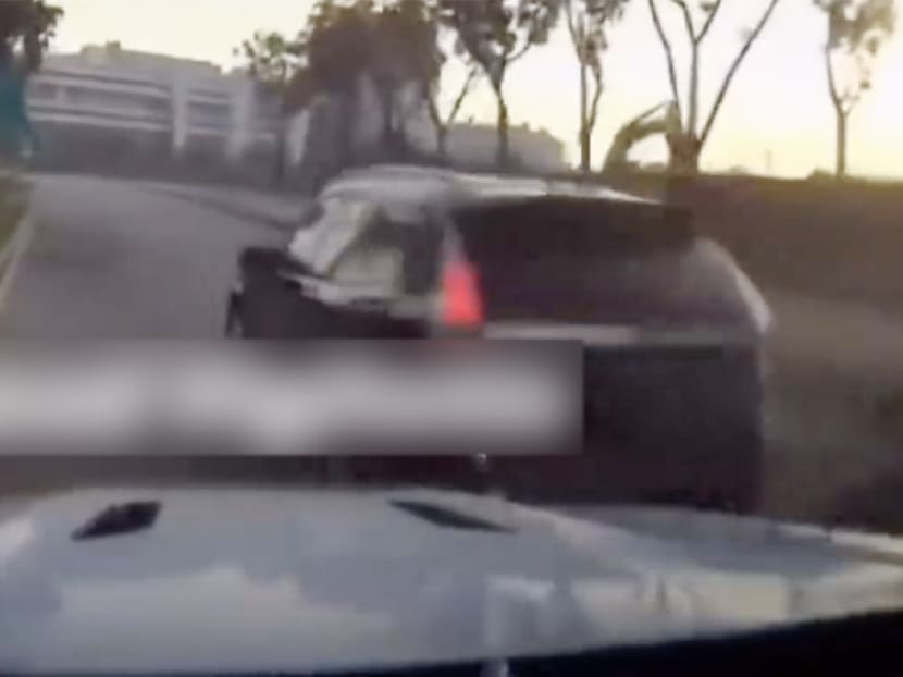 An image taken from a video posted on social media. The footage is purportedly from a white Mercedes-Benz and shows a black Saab that was involved in a fatal accident in Tampines a few moments afterwards. An image taken from a video posted on social media. The footage is purportedly from a white Mercedes-Benz and shows a black Saab that was involved in a fatal accident in Tampines a few moments afterwards.