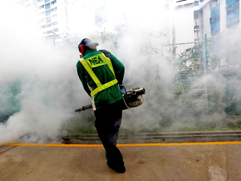 A NEA worker conducts thermal fogging during a demonstration at the Paya Lebar Way area on vector control operations and inspection of premises to check for mosquito breeding at the Paya Lebar Way area on Sept 1, 2016. Photo: Nuria Ling/TODAY A NEA worker conducts thermal fogging during a demonstration at the Paya Lebar Way area on vector control operations and inspection of premises to check for mosquito breeding at the Paya Lebar Way area on Sept 1, 2016. Photo: Nuria Ling/TODAY