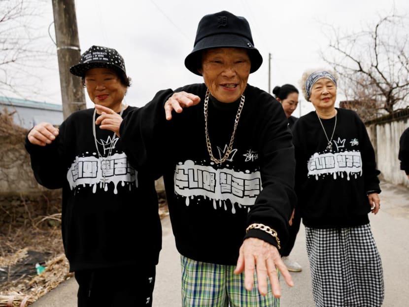 Ms Park Jeom-sun, 81, the leader of the granny rap group "Suni and Seven Princesses", along with members Ms Hong Sun-yeon, 79, and Ms Jeong Du-i, 90, raps on the street in Chilgok, South Korea on Feb 6, 2024 Ms Park Jeom-sun, 81, the leader of the granny rap group "Suni and Seven Princesses", along with members Ms Hong Sun-yeon, 79, and Ms Jeong Du-i, 90, raps on the street in Chilgok, South Korea on Feb 6, 2024
